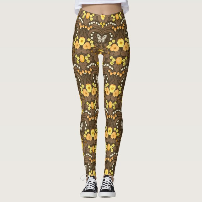 Leggings Pansies jaunes, oiseaux et papillons (Devant)