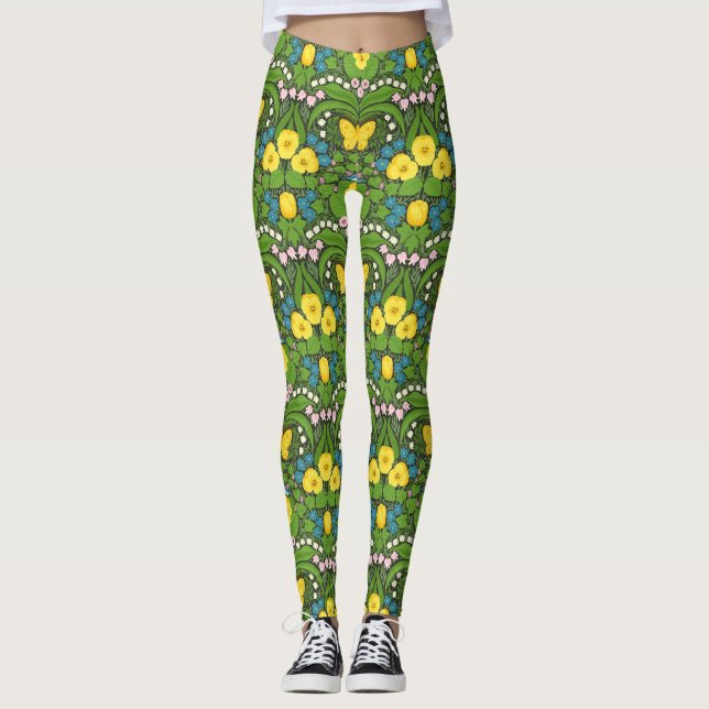 Leggings Pansies jaunes, oiseaux et papillons (Devant)