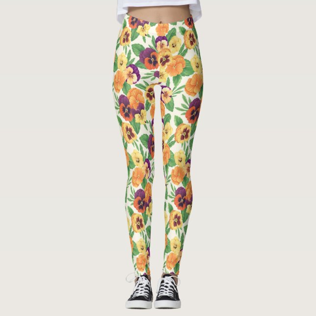 Leggings Pansies sur blanc cassé (Devant)