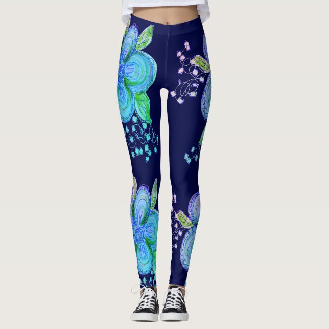 Leggings Pantalon De Yoga Bleu Et Rose (Devant)