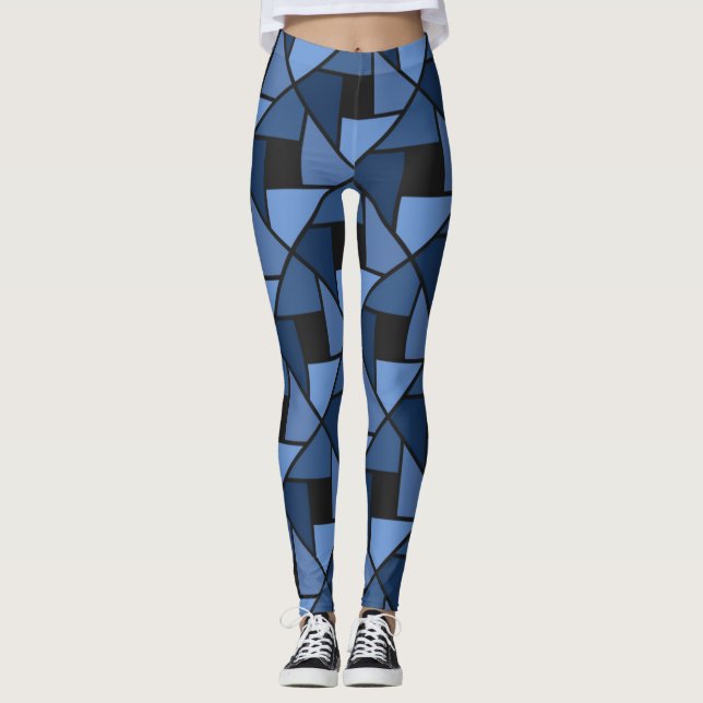 Leggings Pantalon de yoga géométrique bleu et noir  (Devant)