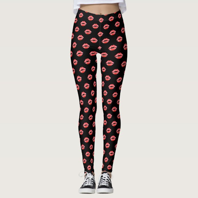 Leggings Pantalon rouge de baiser de noir de guêtres (Devant)