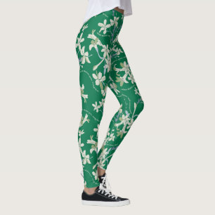 Leggings Pantalon vert jasmin fleuri printemps yoga pilates