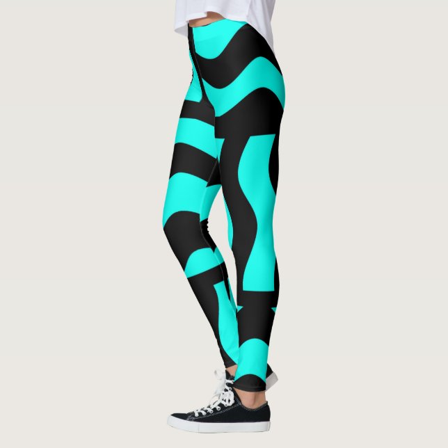 Leggings Pantalons d'étirement Abstrait Turquoise et noir (Gauche)
