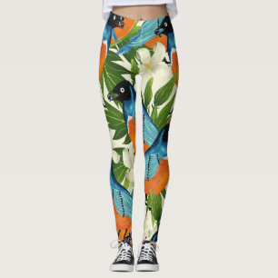Leggings papaye tropicale et motif d'oiseaux.