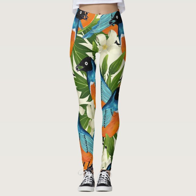 Leggings papaye tropicale et motif d'oiseaux. (Devant)