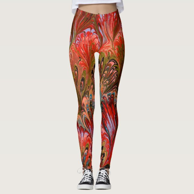 LEGGINGS PAPIER MARBÉ, MOTIF ABSTRAIT ROUGE BLEU PEACOCK (Devant)