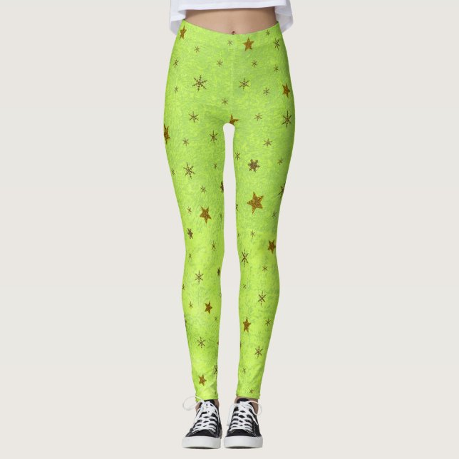 Leggings Papier vert Abstrait aux étoiles brillantes d'or (Devant)