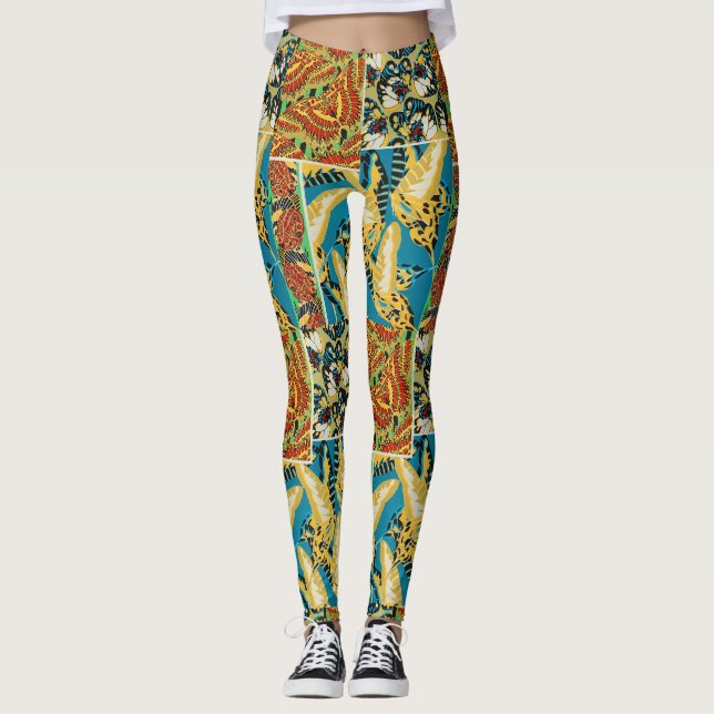 Leggings Papillon Art Déco Jaune et Turquoise Vibrants (Devant)