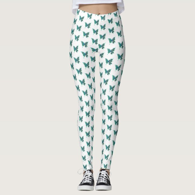 Leggings Papillon aux plumes de paon vert (Devant)