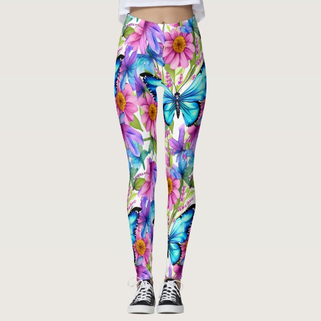 Leggings Papillon bleu dans un champ de fleurs (Devant)