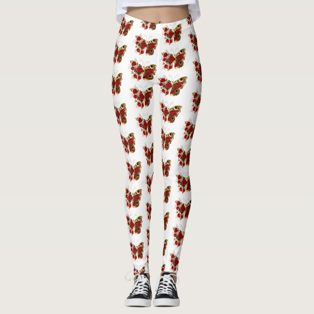 Leggings Papillon de fleurs rouges aux roses rouges (Devant)