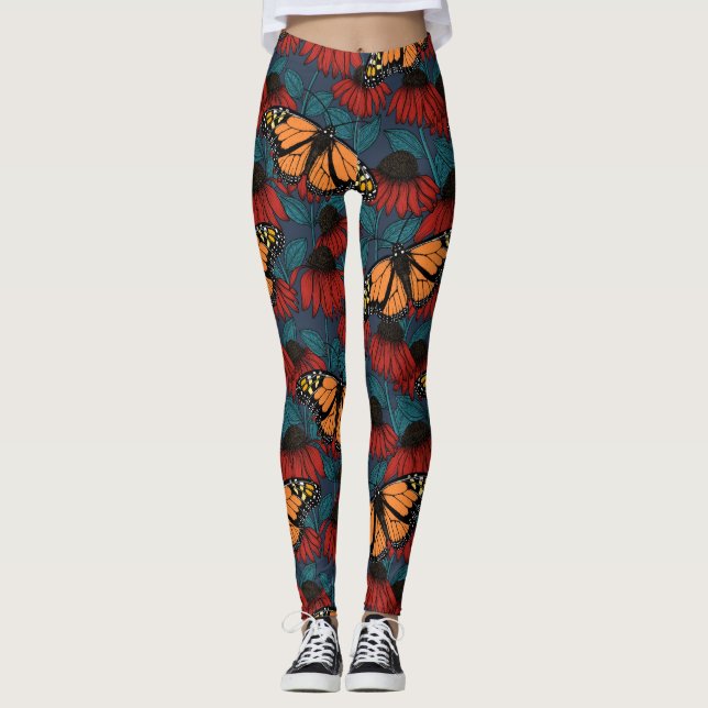 Leggings Papillon monarque sur des fleurs rouges (Devant)