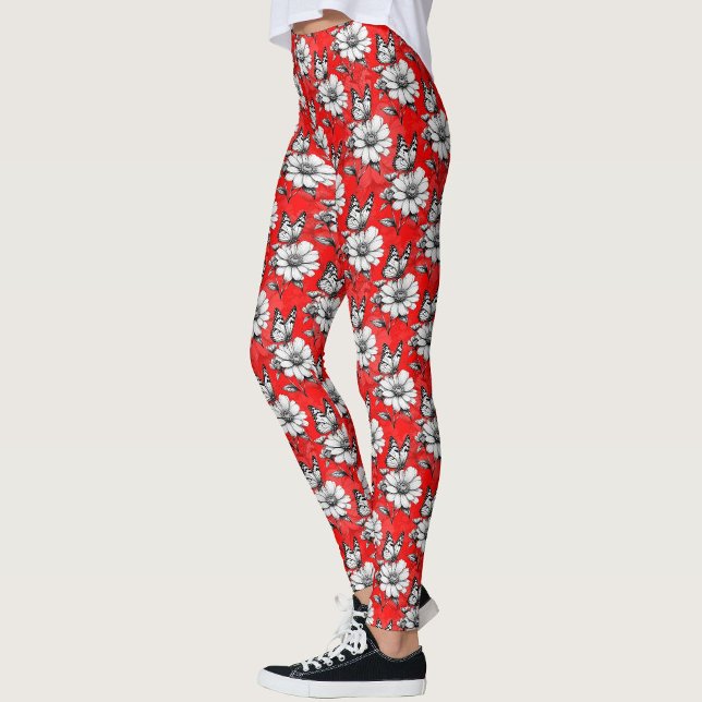 Leggings Papillon sur Motif de fleurs Design rouge (Créateur téléchargé)