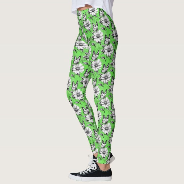 Leggings Papillon sur Motif de fleurs Design vert (Créateur téléchargé)