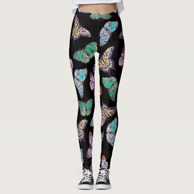 Leggings Papillons d'aquarelle couleur noire (Devant)