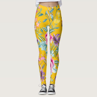Leggings Papillons de la Chinoiserie, fleurs d'oiseaux jaun