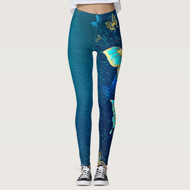 Leggings Papillons d'or sur un Arrière - plan bleu (Devant)