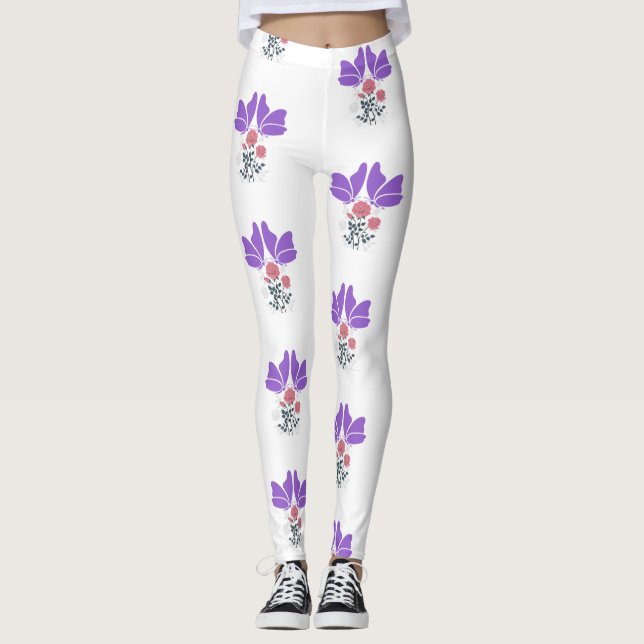 Leggings Papillons et fleurs pourpres (Devant)