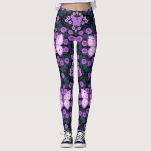 Leggings Papillons et symétrie des fleurs, violet et bleu