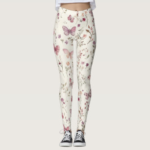 Leggings Papillons Fleuris Crème Violette