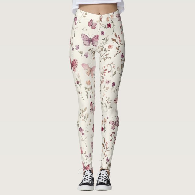 Leggings Papillons Fleuris Crème Violette (Devant)