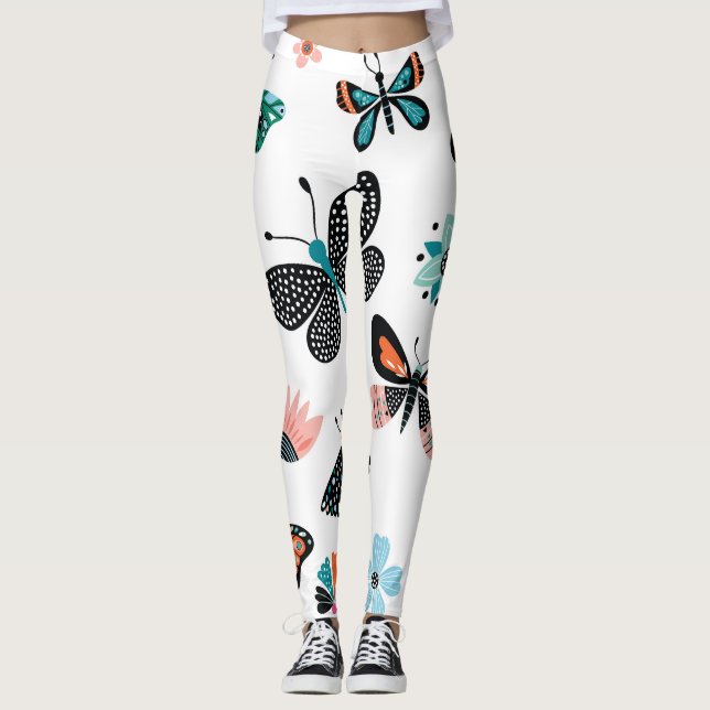 Leggings Papillons Fleurs : Collection Dessinée à la main (Devant)
