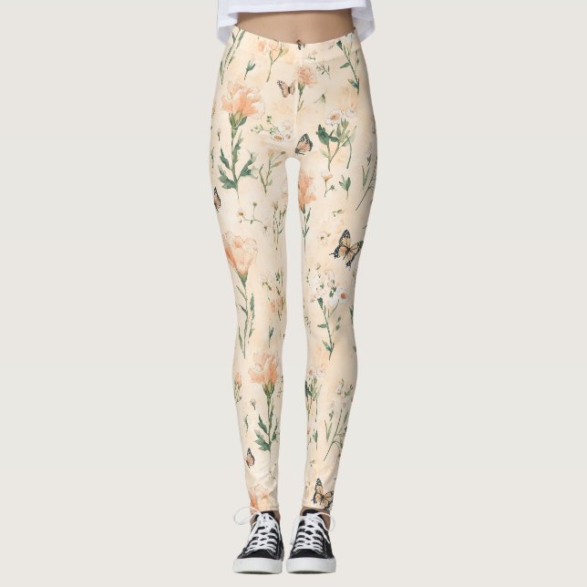 Leggings Papillons Floraux de Pêche (Devant)