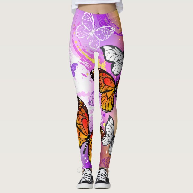 Leggings Papillons Monarque sur Arrière - plan pourpre (Devant)