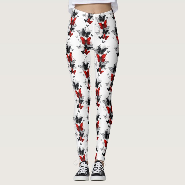 Leggings Papillons noirs et rouges volants (Devant)