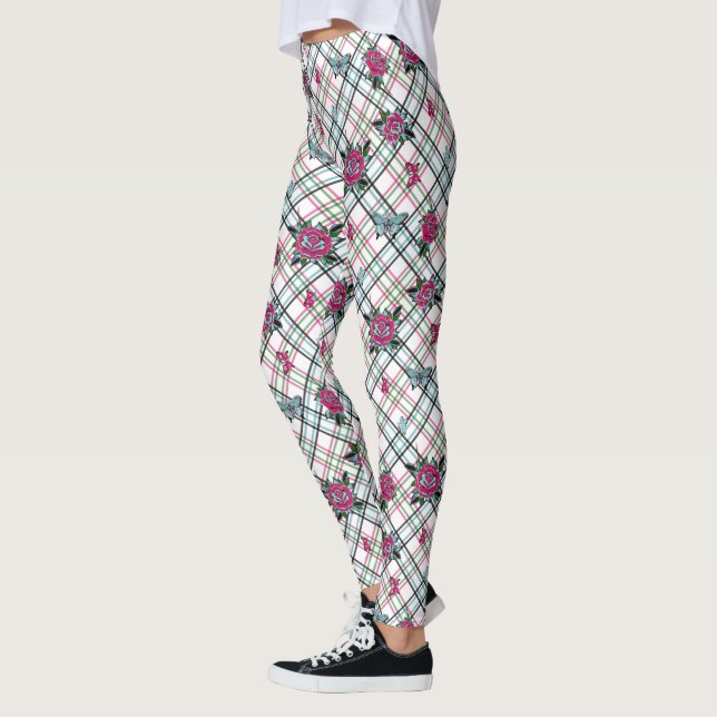 Leggings Papillons Rose de tatouage rose bleu Plaid (Gauche)