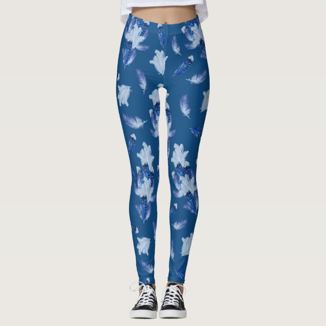 Leggings Parrot Exotique-Blanc Bleu Plumes Répéter (Devant)