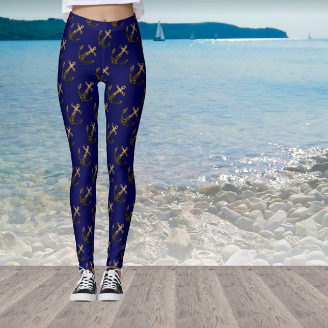 Leggings Parties scintillant d'Ancre faux or bleu marine mo (Stand out with our breathable sparkly anchor leggings in many different colors!)