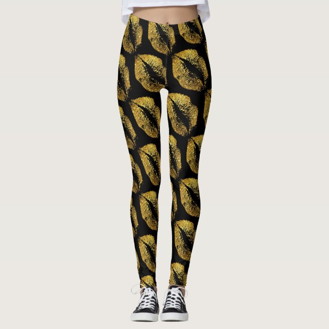 Leggings Parties scintillant d'or Lèvres Noir moderne (Devant)