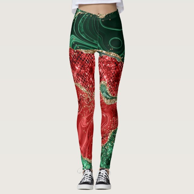 Leggings Parties scintillant d'or Motif de Noël Vert et Rou (Devant)
