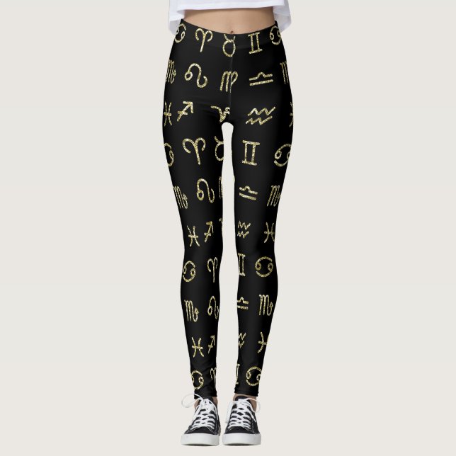 Leggings Parties scintillant noire et or Signes d'astrologi (Devant)