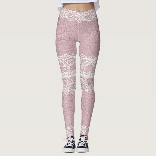 Leggings Pastel rose blanc dentelle texture (Devant)