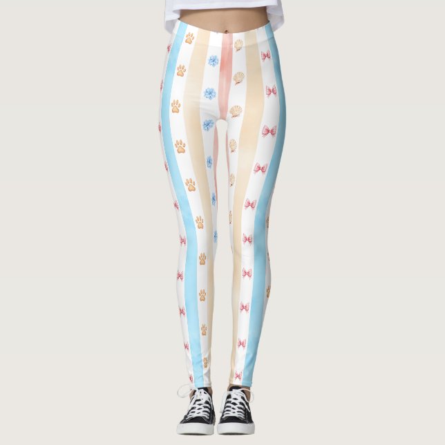 Leggings Pastel Stripe - Empreintes de pattes, Fleur Bleue, (Devant)