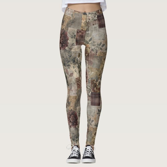 Leggings Patchwork Botanique Rustique Vintage (1) (Devant)