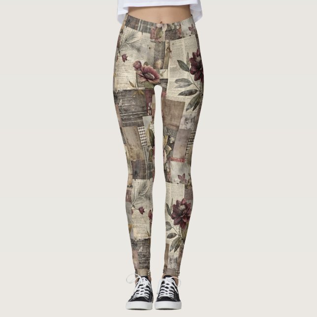 Leggings Patchwork Botanique Rustique Vintage (2) (Devant)
