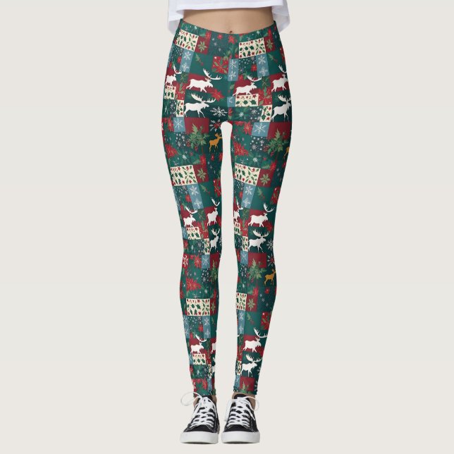 Leggings Patchwork de Noël à motif floral d'élan (Devant)