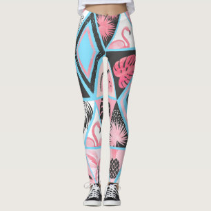 Leggings Patchwork flamingo tropical, motif de palmier.