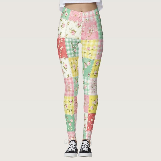 Leggings Patchwork Floral Gingham Pastel Maison de Campagne (Devant)