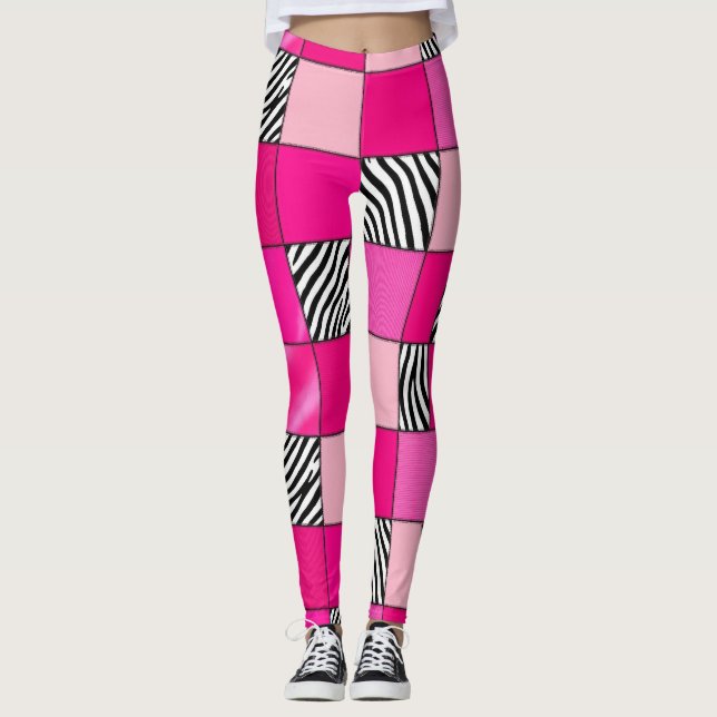 Leggings Patchwork Imprimé Zèbre Rose Chaud (Devant)