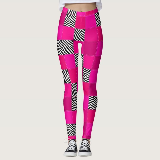 Leggings patchwork imprimé zèbre rose chaud (Devant)