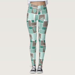 Leggings Patchwork marron turquoise de carrés
