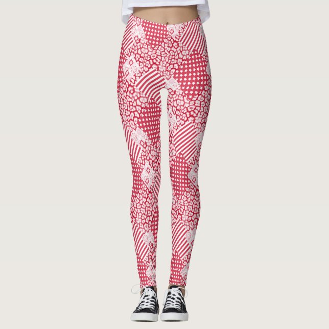 Leggings Patchwork rouge et blanc rustique (Devant)