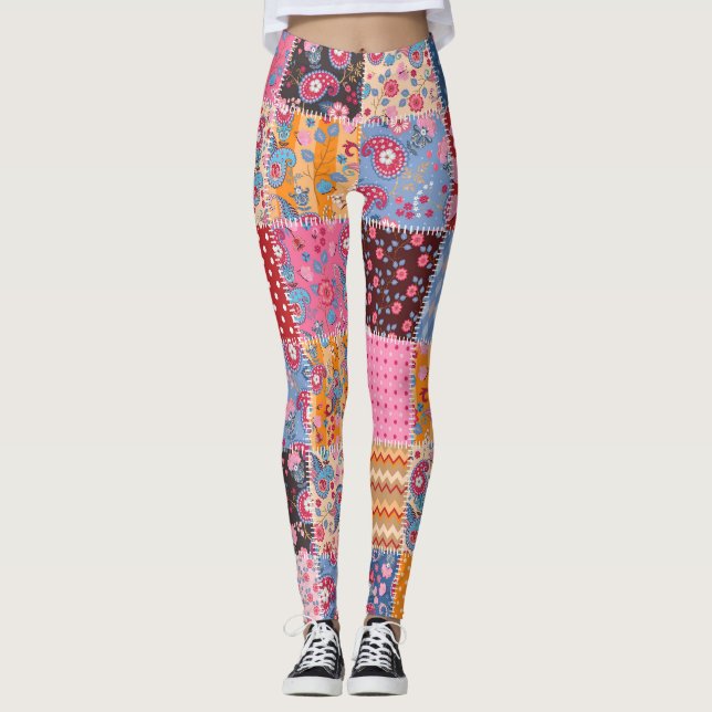 Leggings Patchwork sans couture, motif en tissu mignon. (Devant)