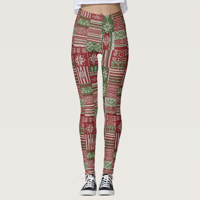 Leggings Patchwork tricoté classique de Noël - Rouge, Vert  (Devant)
