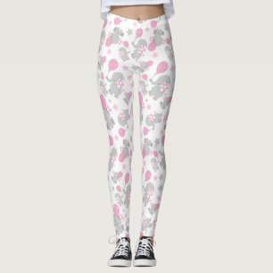Leggings Pattern of Elephants, Cute Elephants - Pink Gray